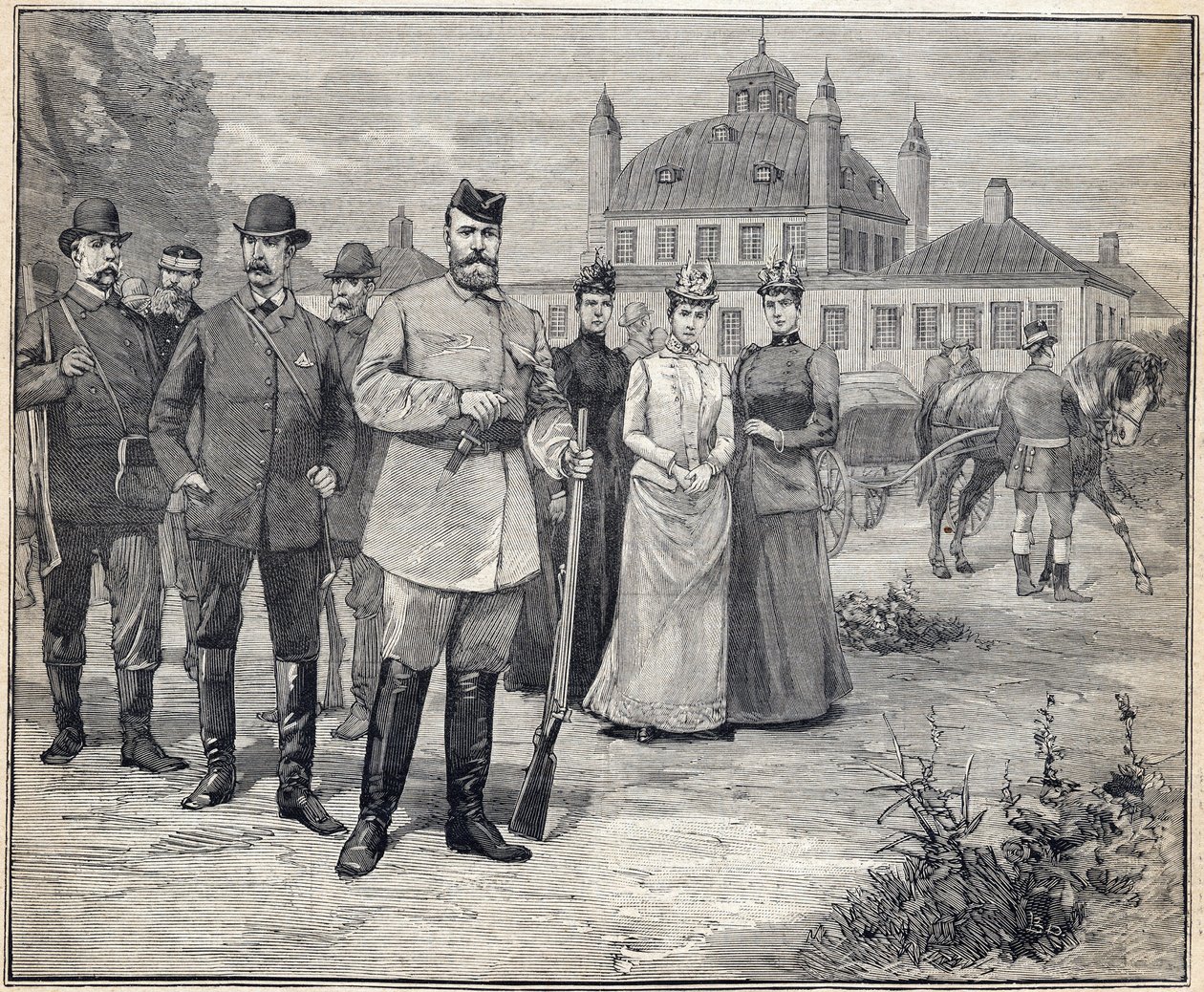 Partiu para caçar o czar Nicholas II da Rússia (1868-1918) em Fredensborg, Dinamarca. Gravura em "Le Petit Parisien" 1893. de Anonymous Anonymous