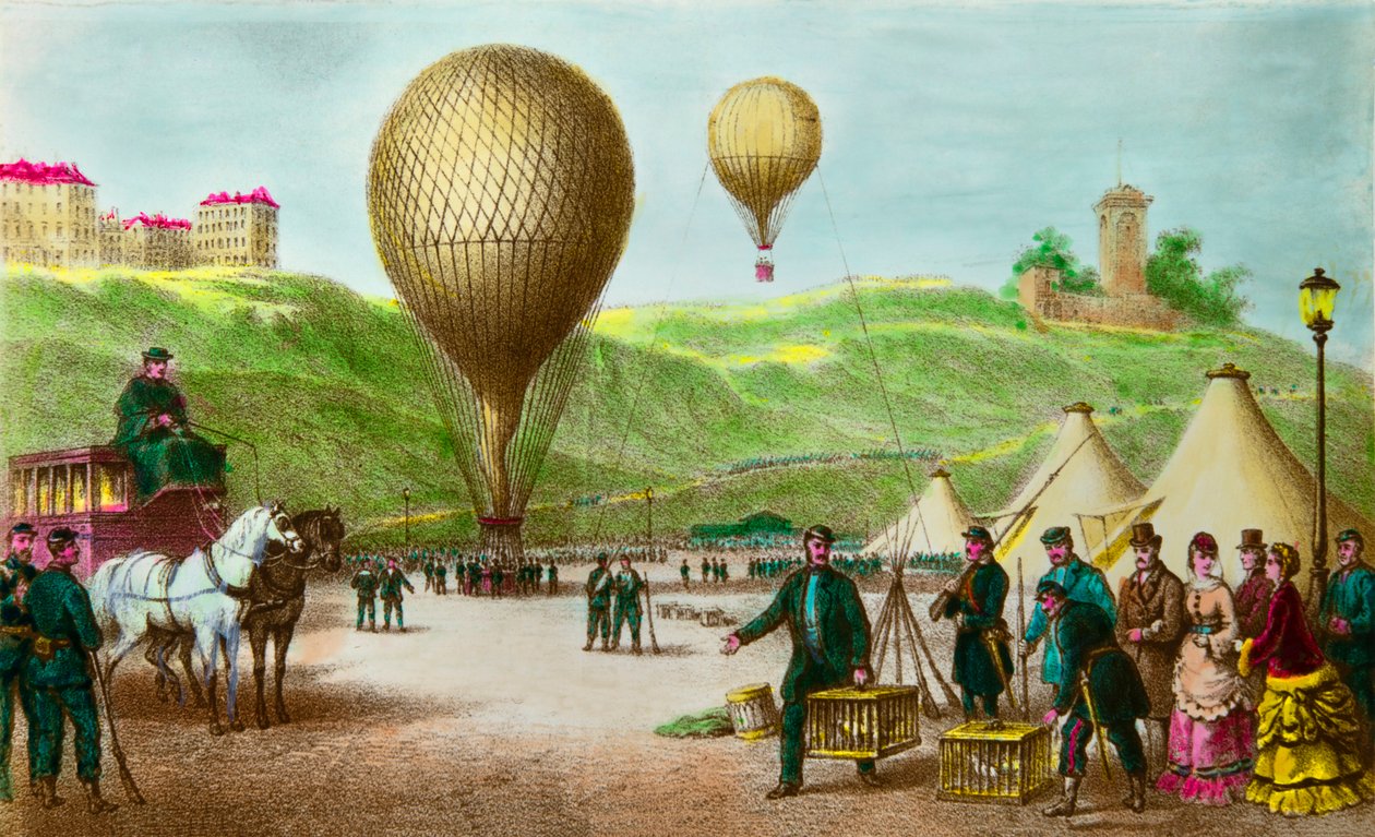 Partida de um posto de balões e pombos de passageiros no cerco de Paris em 1870, Colecção Privee de Anonymous Anonymous