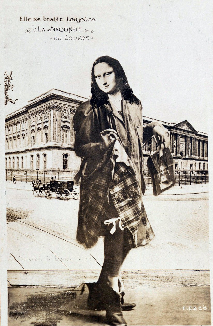 Representação de "A Mona Lisa" de Leonard de Vinci (Leonardo da Vinci) (1452-1519): Mona Lisa (Monna Lisa) representada com uma saia em xadrez que viaja pelo mundo. Cartão postal de comédia editado na época do roubo da obra por Vincenzo Peruggi de Anonymous Anonymous