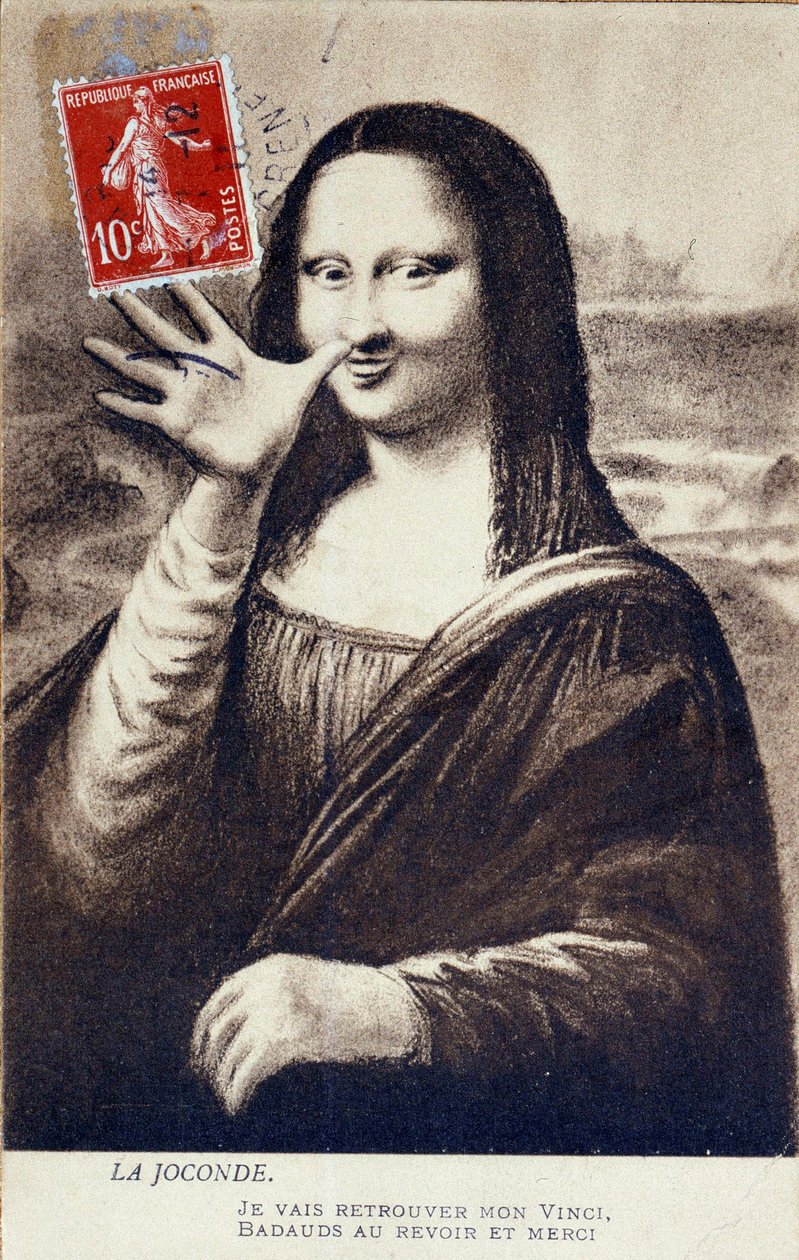 Representação de desvio de "A Mona Lisa" de Leonardo da Vinci (1452-1519): Mona Lisa (Monna Lisa) saudando a sua partida para encontrar o seu "Vinci".Cartão postal de comédia editado no momento do roubo da obra por Vincenzo Per de Anonymous Anonymous