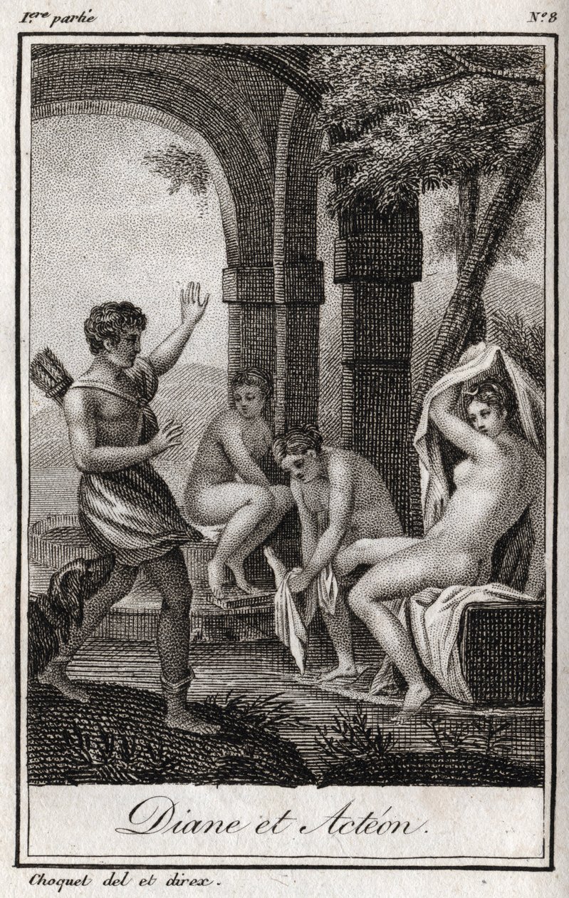 Diane e Acteon (Diana e Actaeon) Diane surpreendida no banho pelo caçador Acteon. Gravura de 1819 em "Lettres a Emilie sur la mythologie" de Charles Albert Demoustier (1760-1801). Coleção particular. de Anonymous Anonymous