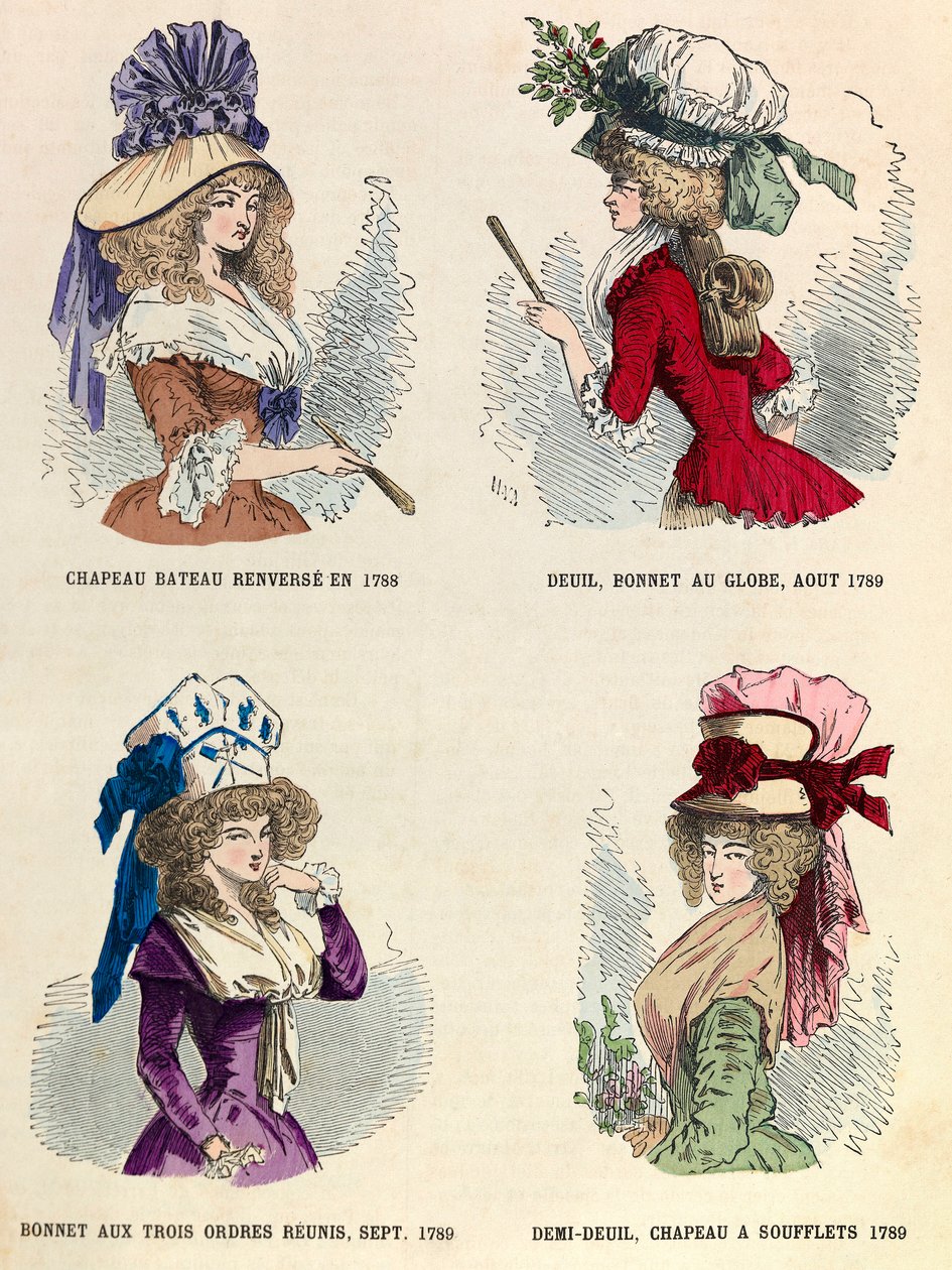 Diferentes estilos de chapéus em 1789 durante a Revolução Francesa - coleção particular de Anonymous Anonymous