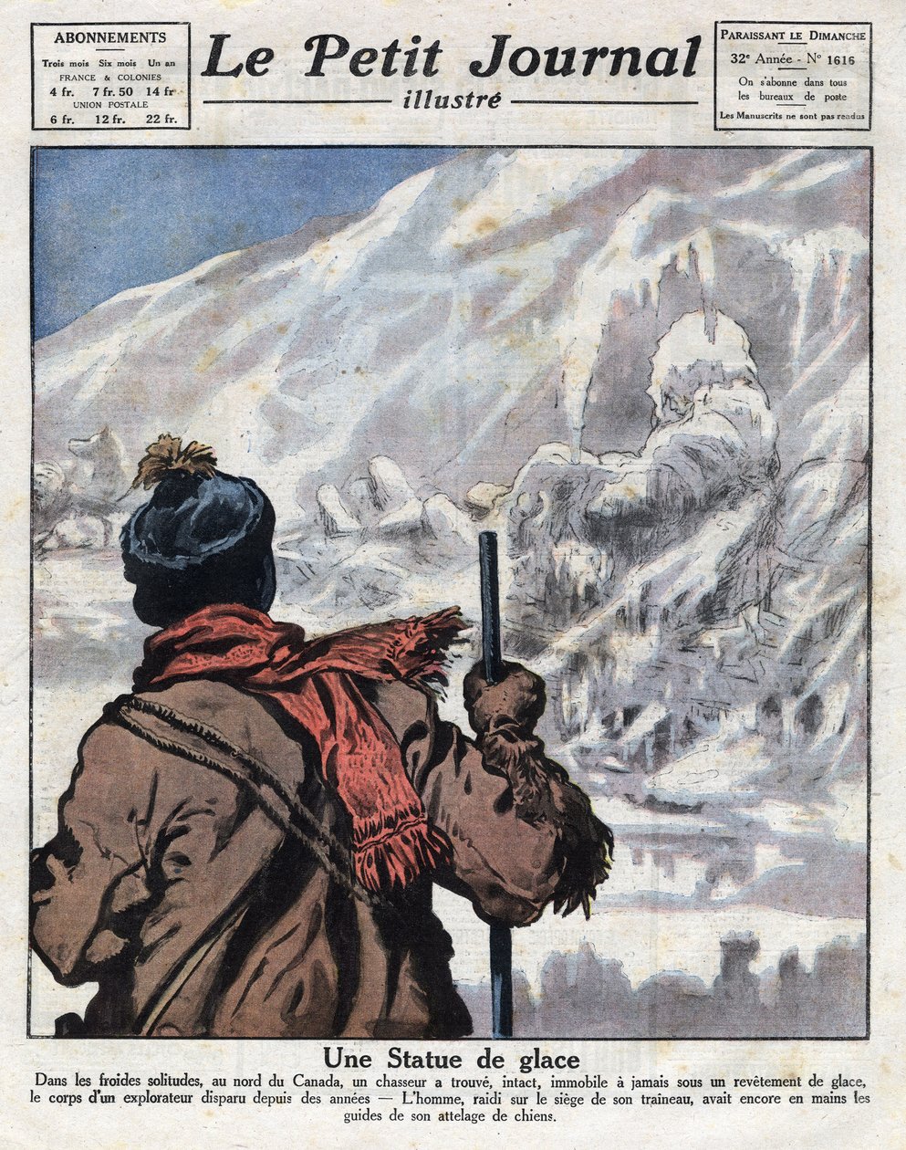 Descoberto do corpo de um explorador no gelo do Canadá, desapareceu durante anos. Ilustração retirada do "Le petit journal" de 11/12/1921 Privee Collection de Anonymous Anonymous
