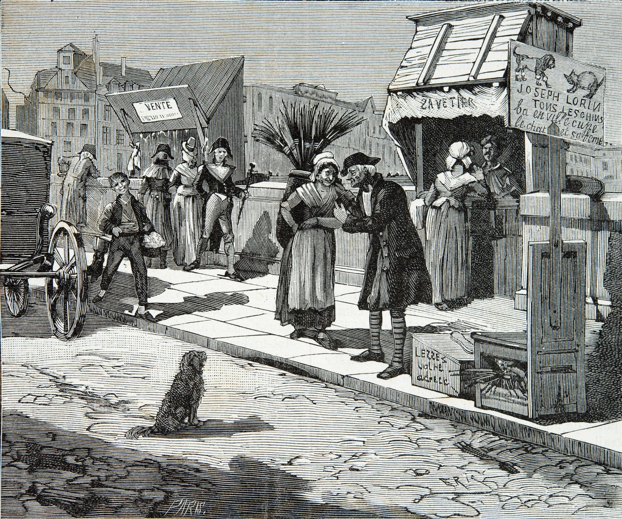 Aparadores de cães na ponte nove de Paris por volta de 1796, Gravura, Colecção privada de Anonymous Anonymous