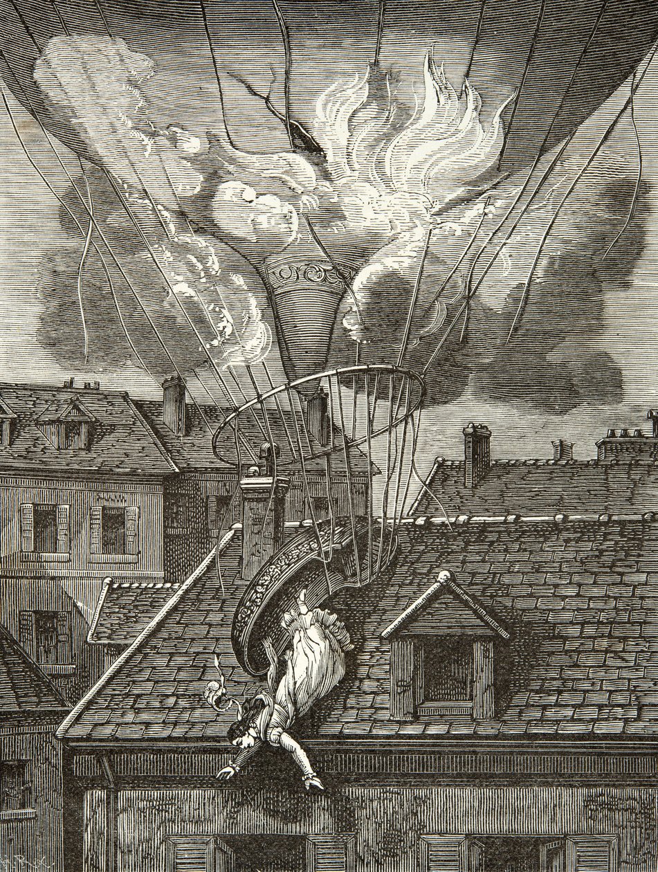 Morte dramática de Madame Sophie Blanchard (1778-1819), aeronáutica em 6 de julho de 1819 sobre os jardins do Tivoli em Paris, Gravura, Coleção Privada de Anonymous Anonymous