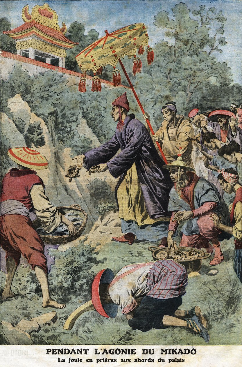 Durante a agonia do Mikado (Imperador do Japão) Meiji (1852-1912): a multidão em orações perto do palácio. Gravação no "Le petit Journal", em 11/08/1912. Coleção privada. de Anonymous Anonymous