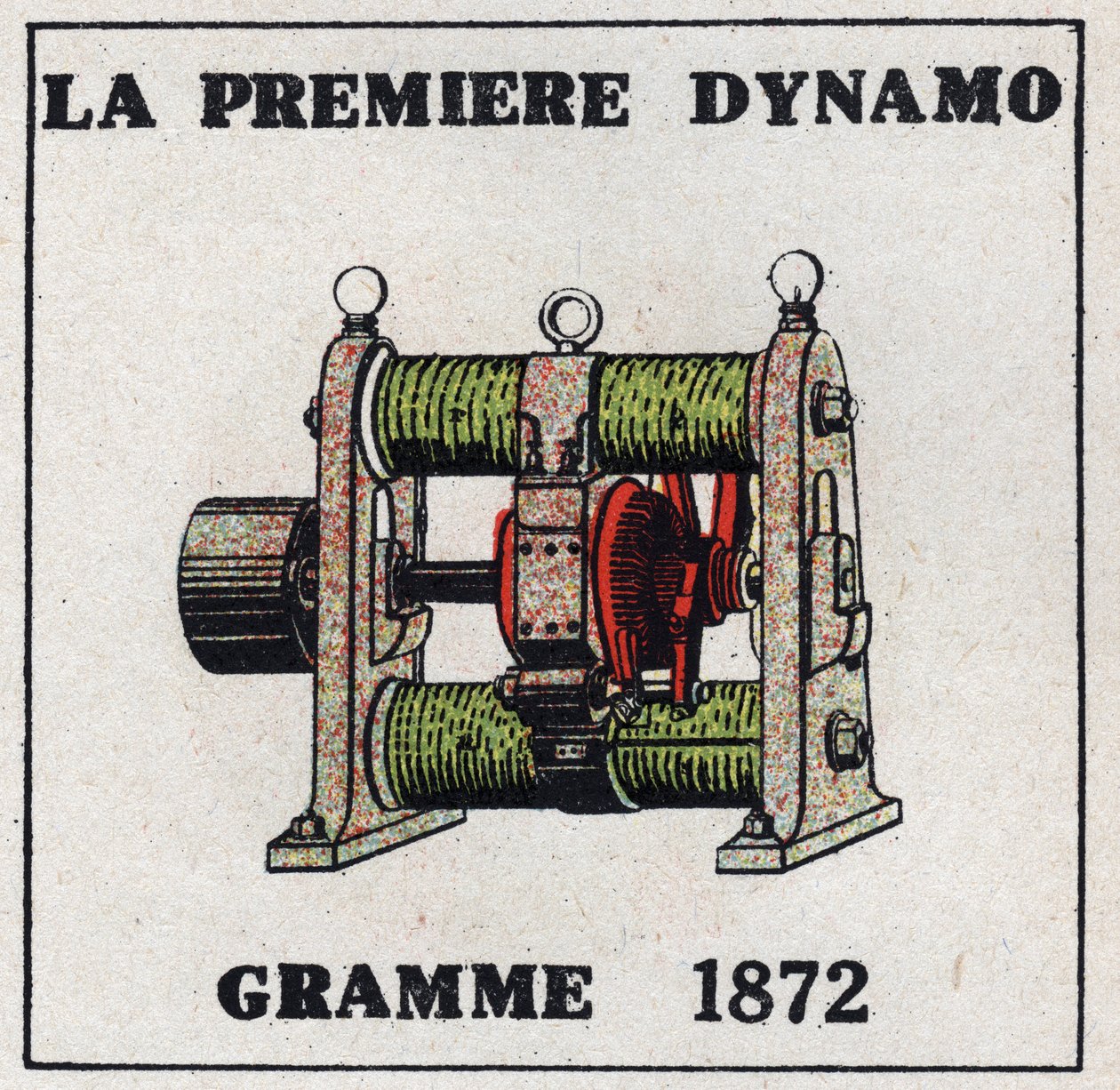 Dínamo: o primeiro dínamo inventado por Zenobe Theophile Gram (1826-1901) em 1872. Ilustração anônima a partir de 1925. Coleção privada. de Anonymous Anonymous