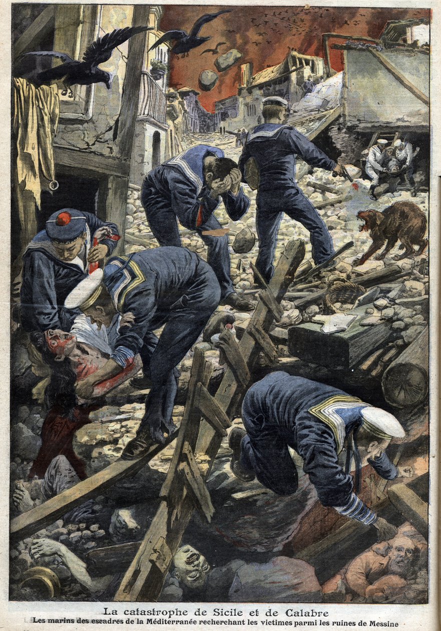 Terremoto na Sicília, Calábria 1909 - O desastre da Sicília e Calábria (Terremoto) - Os marinheiros do Mediterrâneo procurando vítimas entre as ruínas de Messina - "The Little Journal" de janeiro de 1909 de Anonymous Anonymous