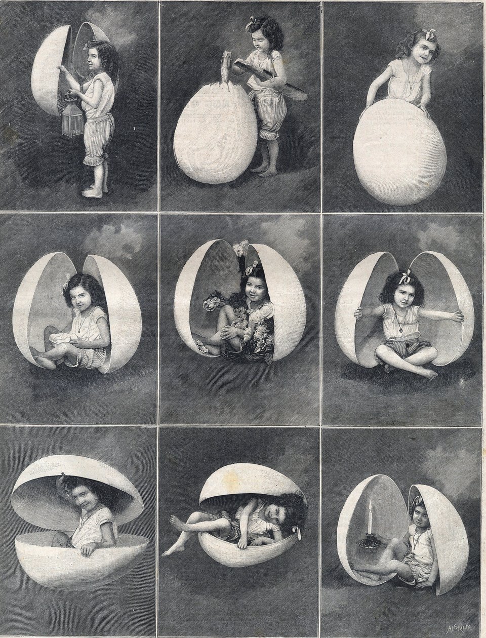 Ovos de Páscoa: uma menina dentro de um ovo. Gravura em "Le Petite Parisien". de Anonymous Anonymous