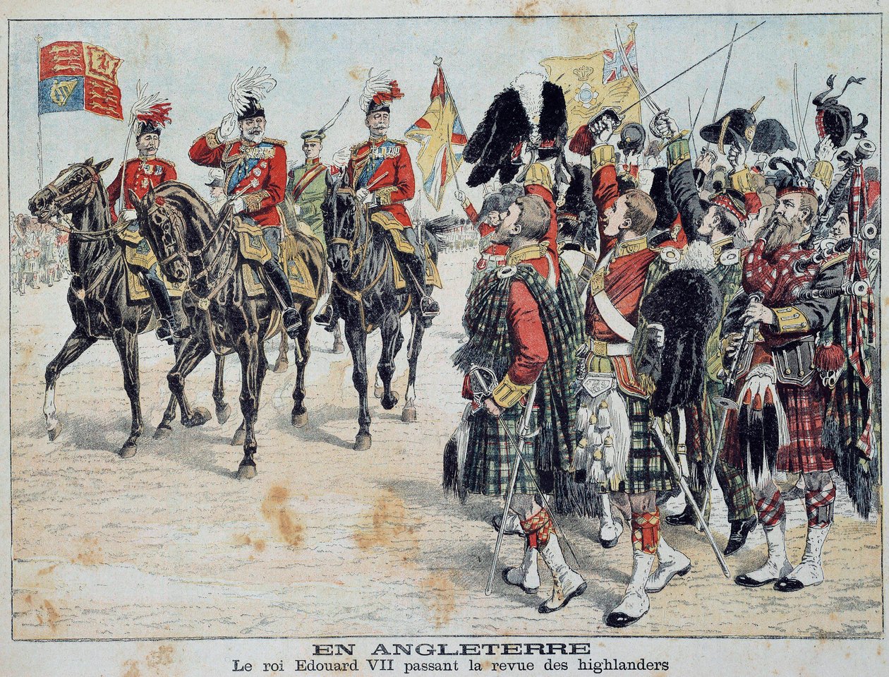 Edward VII (1841-1910) King of England revê a Scottish Highlanders Illustration a partir do ilustre suplemento do "Little Diary" 1905 Private collection de Anonymous Anonymous