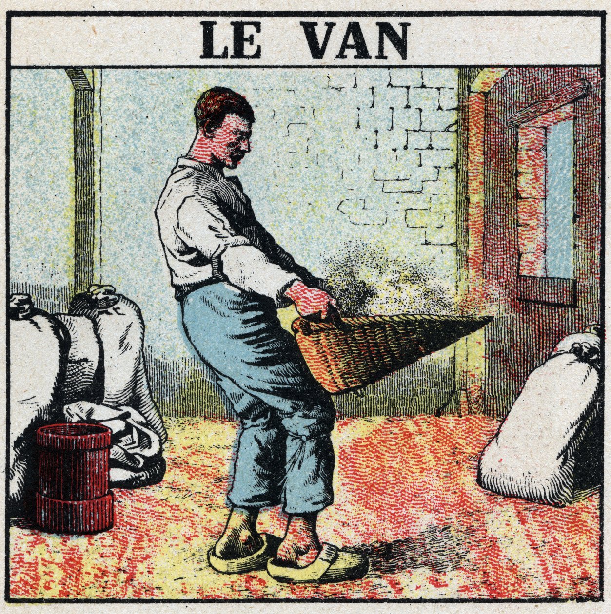 Ferramentas eléctricas: a carrinha ou cesta de vime utilizada para limpar os grãos antes da invenção das máquinas eléctricas. Ilustração anónima a partir de 1925. Coleção privada. de Anonymous Anonymous