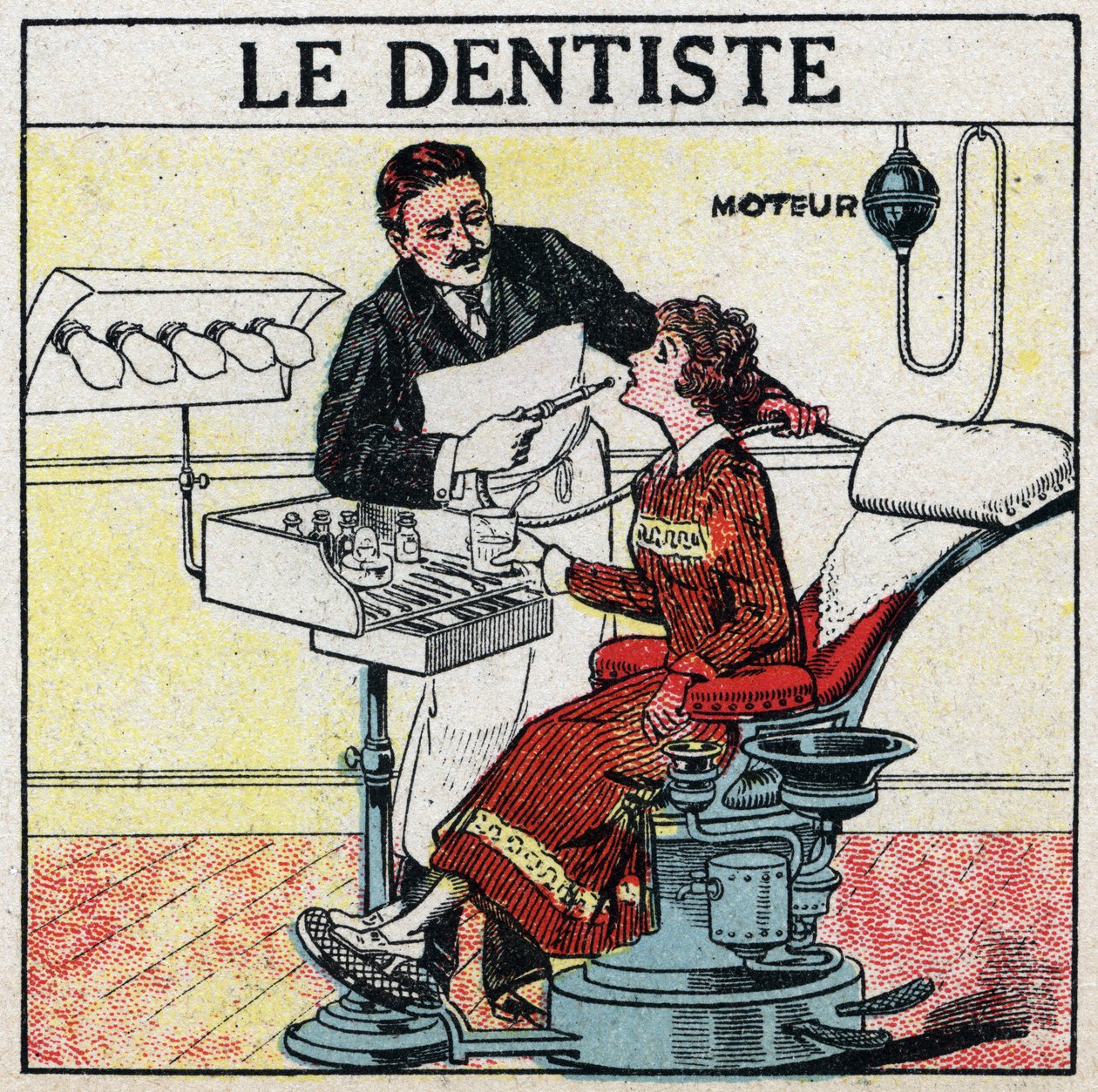 Ferramentas eléctricas: o dentista. Ilustração anónima de 1925. Coleção privada. de Anonymous Anonymous