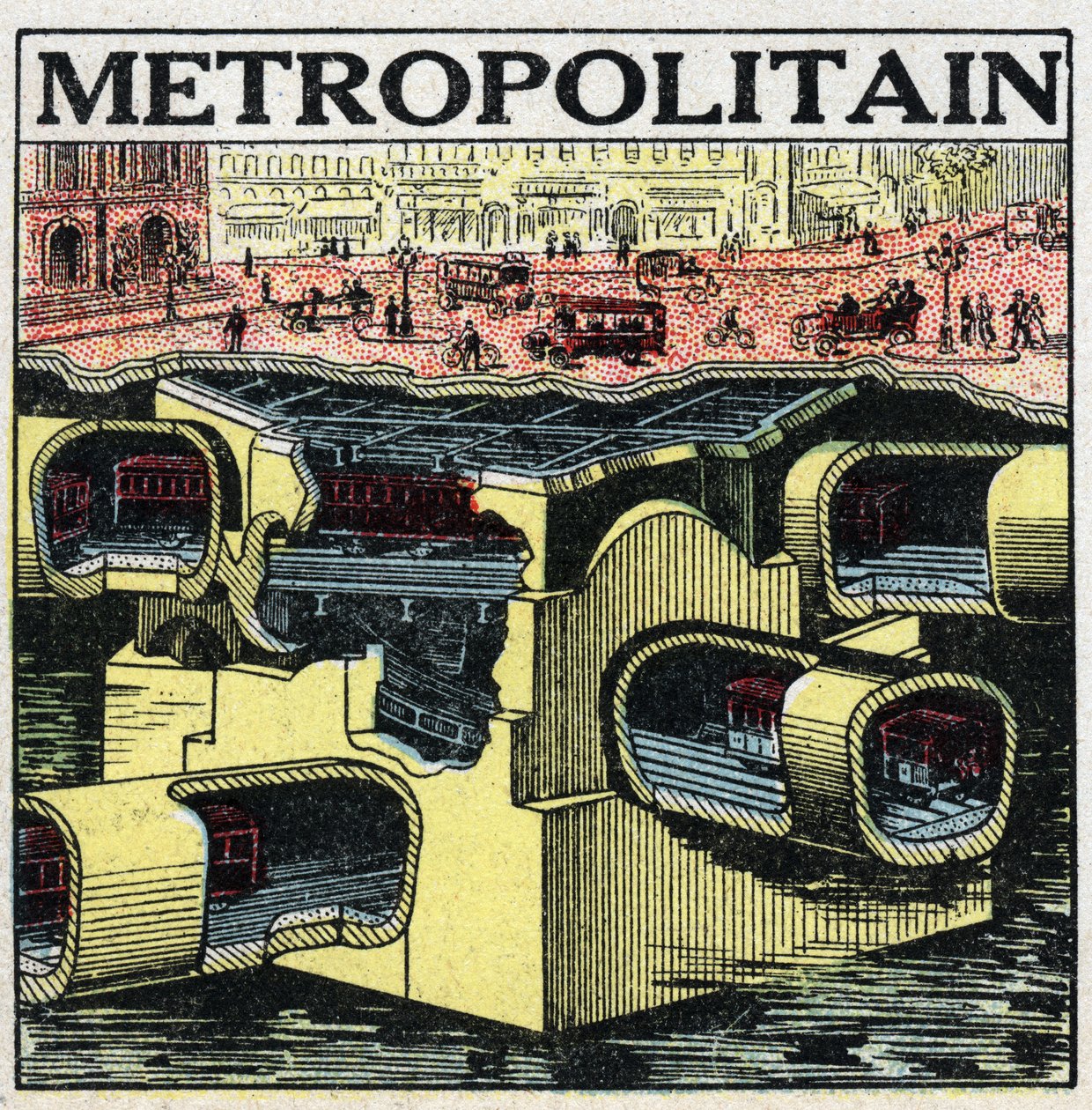 Eléctricos: secção transversal do solo parisiense mostrando as linhas do Metropolitano. Ilustração anônima de 1925. Coleção particular. de Anonymous Anonymous
