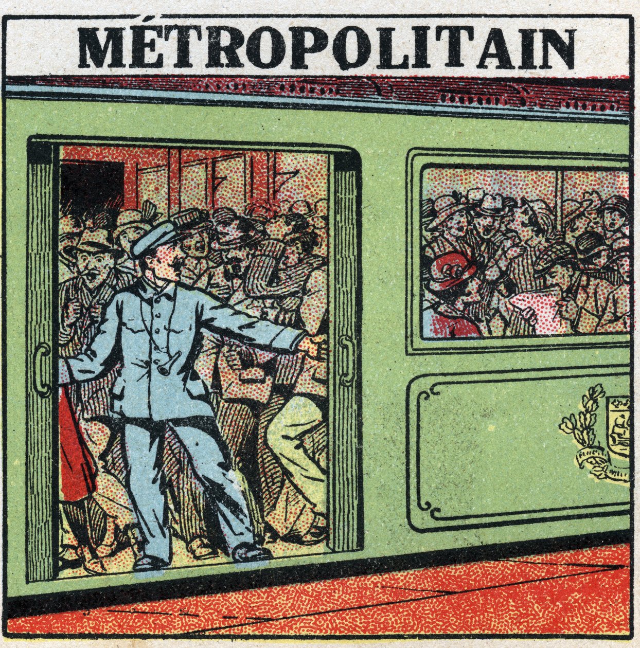 Eléctricos: passageiros empilhados no Metropolitain em Paris. Ilustração anônima de 1925. Coleção privada. de Anonymous Anonymous