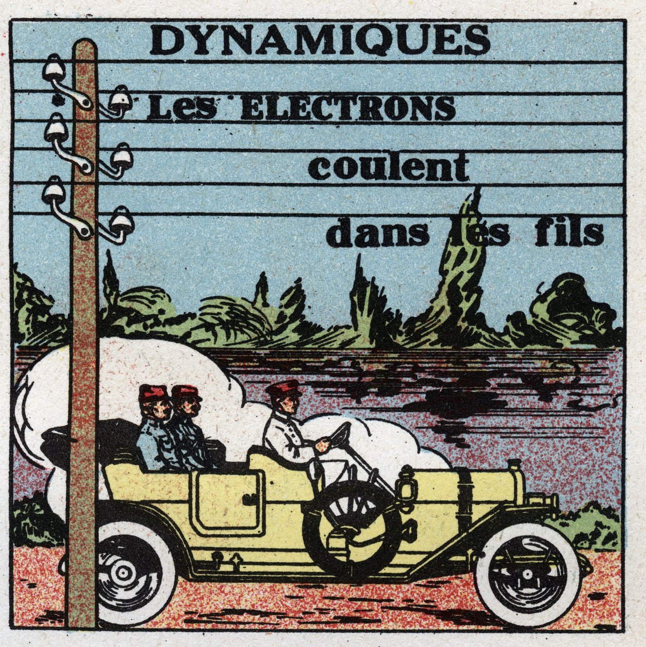 Fenómenos eléctricos: fenómenos dinâmicos. Os electrões fluem através de fios eléctricos. Ilustração anónima a partir de 1925. Colecção privada. de Anonymous Anonymous