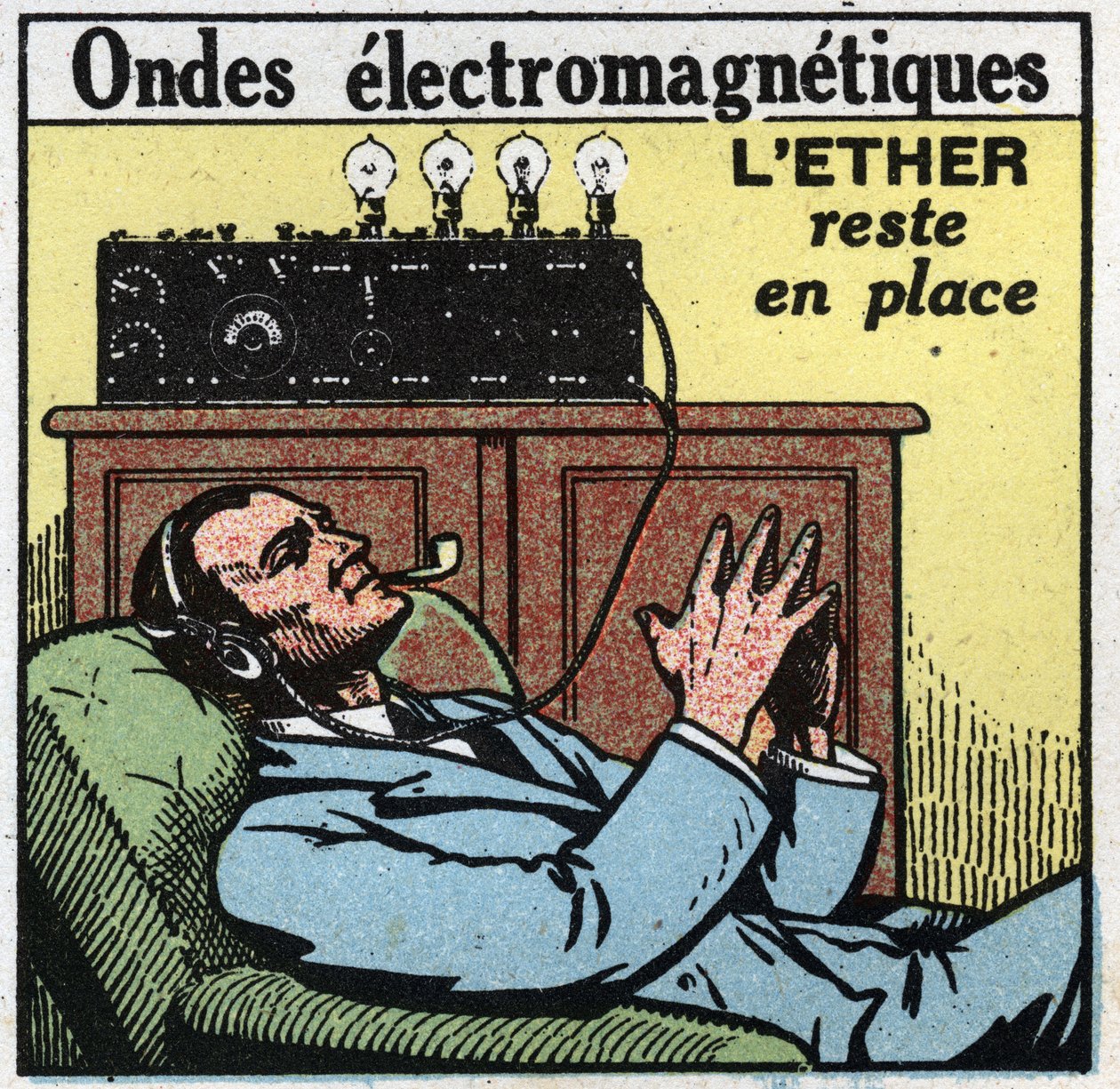 Fenômenos elétricos: se o éter permanece no lugar, o movimento vibratório dá as ondas eletromagnéticas usadas na ilustração anônima da T.S.F. de 1925. Coleção privada. de Anonymous Anonymous