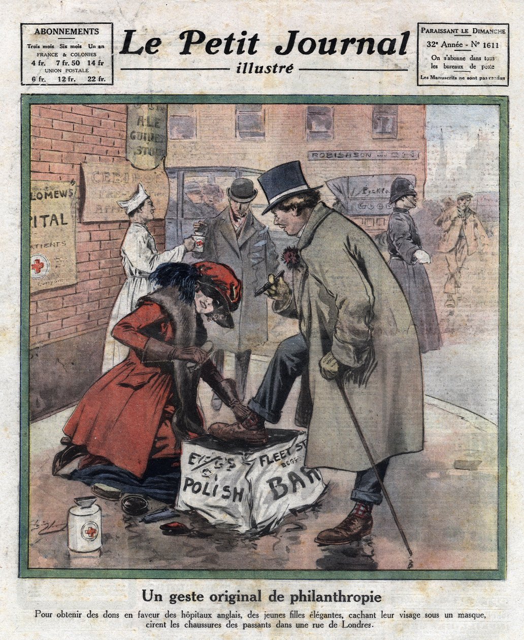 Jovens elegantes, o rosto delas se esconde atrás de uma máscara, depilam os sapatos dos transeuntes londrinos para angariar dinheiro para hospitais ingleses. Ilustração retirada do "Le petit journal illustrious" de 11/06/1921. Coleção Particular de Anonymous Anonymous