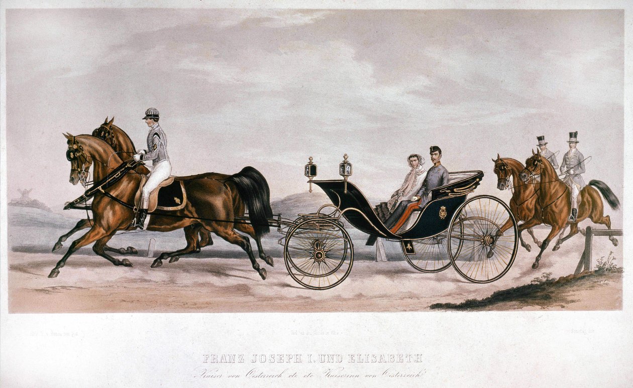 Elisabeth (Sissi) e François Joseph I (1830 - 1916), da Áustria, durante um passeio de carruagem. Gravura do século XIX. Coleção Particular de Anonymous Anonymous