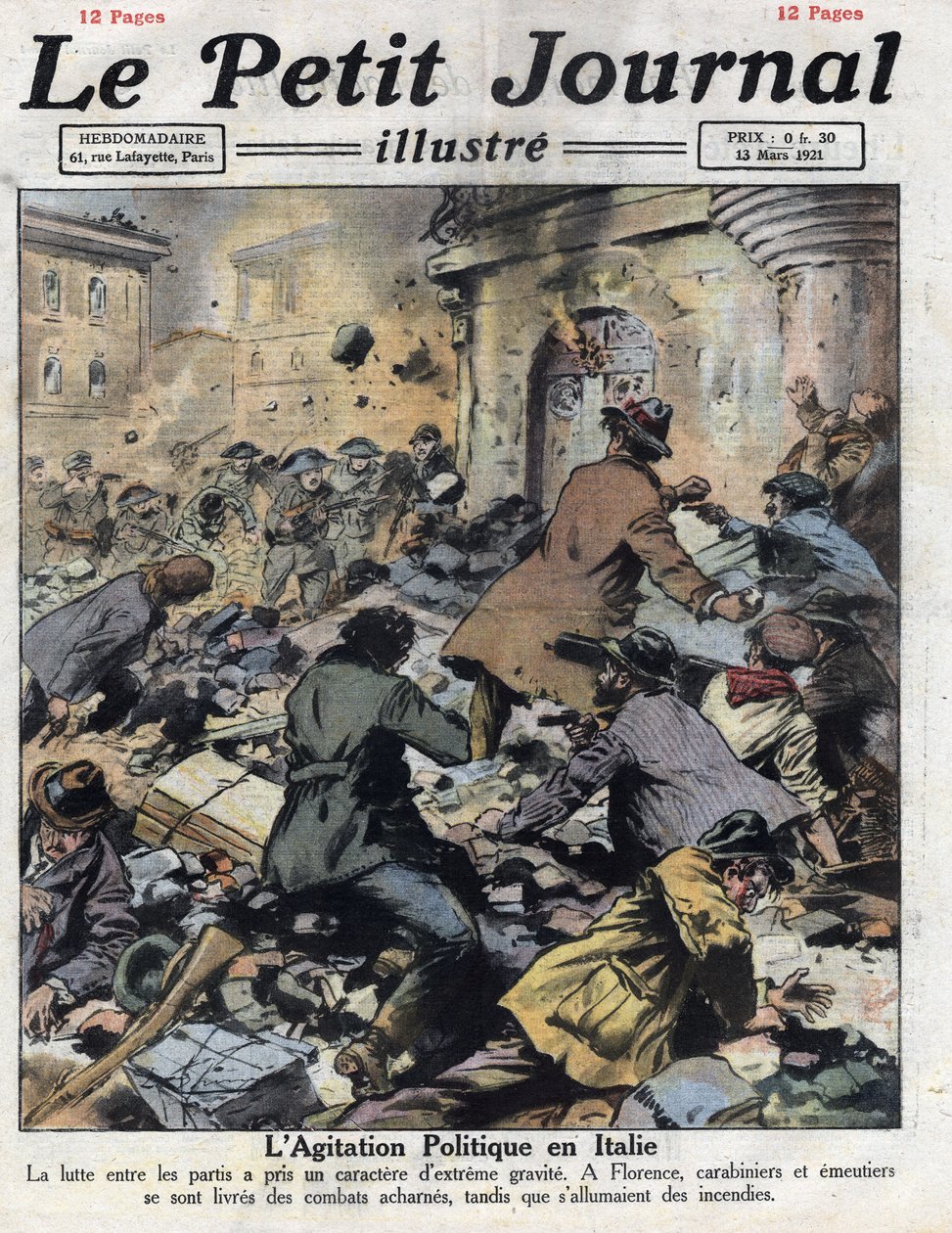 Emudecidos em Florença entre comunistas e fascistas no dia 27 de Fevereiro. Intervenção de carabinieri. Ilustração retirada do "Le petit journal" de 13/03/1921. Coleção Particular de Anonymous Anonymous