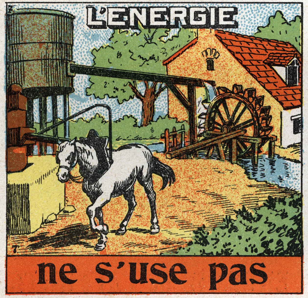 A energia não se gasta: o cavalo agarra-se a um maneio e ouve água num reservatório. Ilustração anónima de 1925. Coleção privada. de Anonymous Anonymous