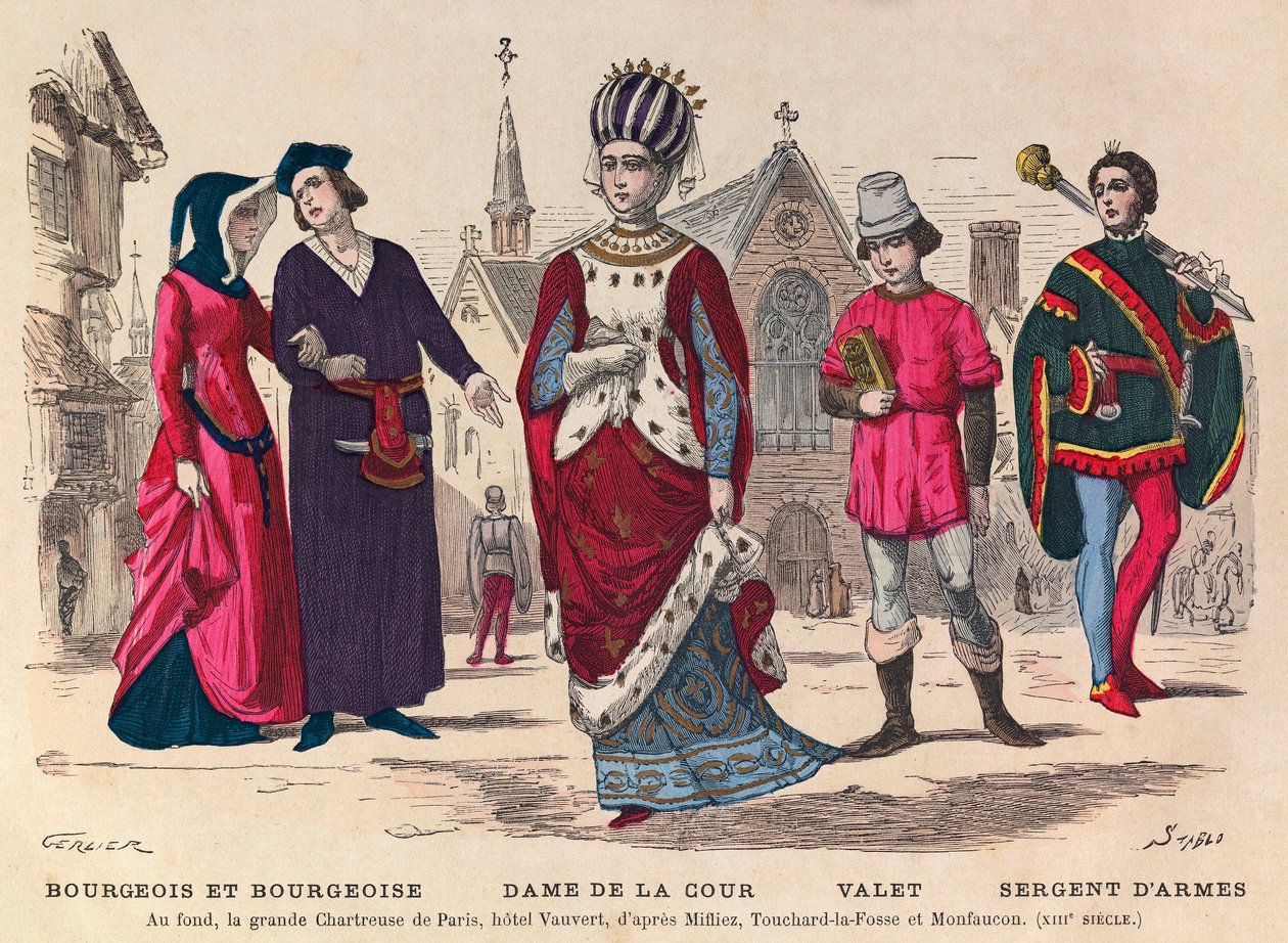 Gravura - Bourgeois et bourgeoise, Lady of the Court, valet, sergeant-at-arms em Paris no século XIII (no fundo la grande Chatreuse de Paris, hotel Vauvert) - Fatos de corte na França durante o século XIII - coleção particular de Anonymous Anonymous