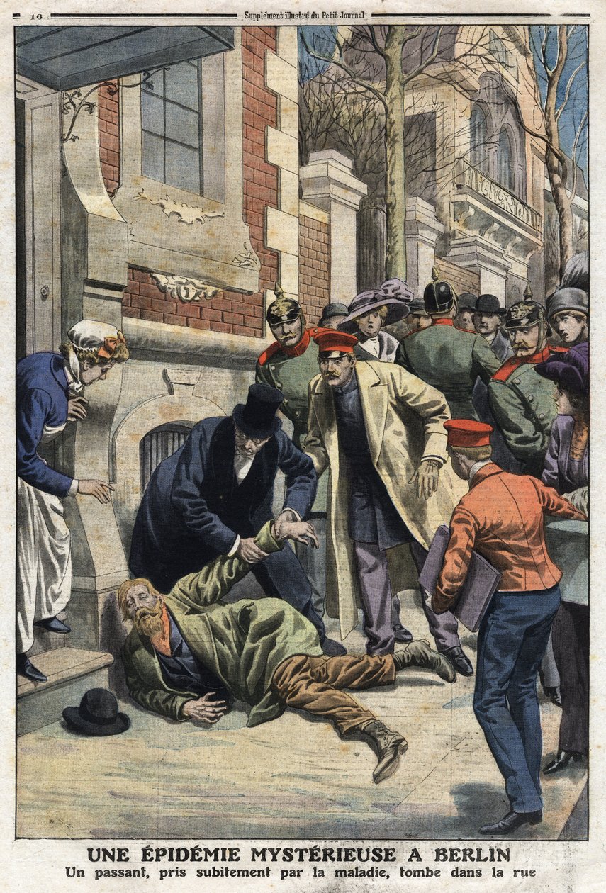 Epidemia em Berlim: um transeunte repentinamente apanhado pela doença cai na rua. Foi envenenamento por bebidas forjadas. Gravura no "Le Petite Journal". de Anonymous Anonymous