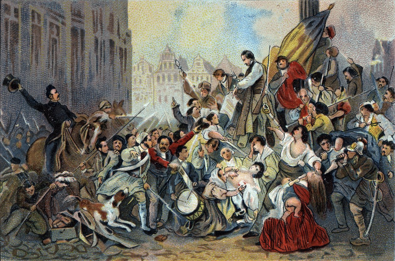 Episódio da Revolução de 1830, em frente à Câmara Municipal de Bruxelas. Cromolitografia publicitária dos chocolates Antoine em Bruxelas, início do século XX. Coleção Particular de Anonymous Anonymous