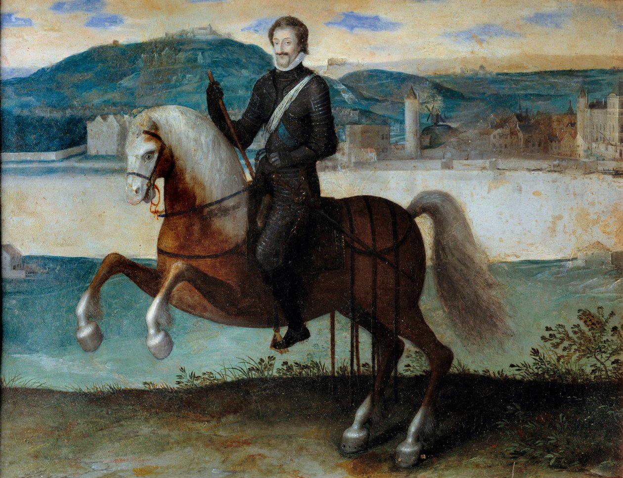 Retrato equestre de Henri IV (1553-1610) em frente a Paris (1594). Pintura anônima. h s/copper. Dim: 0,25 x 0,31m. Paris, Musee Carnavalet de Anonymous Anonymous