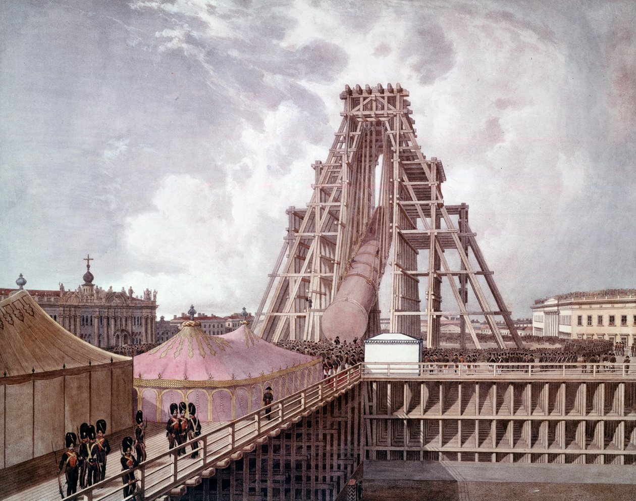 Erecção da Coluna de Alexandre I na Praça do Palácio (São Petersburgo). Pintura da escola russa de Anonymous Anonymous