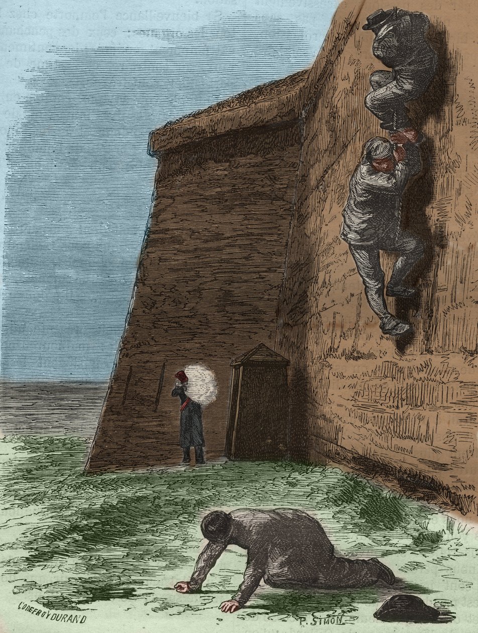Fuga da Bagne de Rochefort no século XIX. Gravura em "Histoire des bagnes depuis leur création à nos jours" (1877) de Pierre Zaccone (1817-1895) (Colonia Penale - colônia penal). Coleção particular. de Anonymous Anonymous
