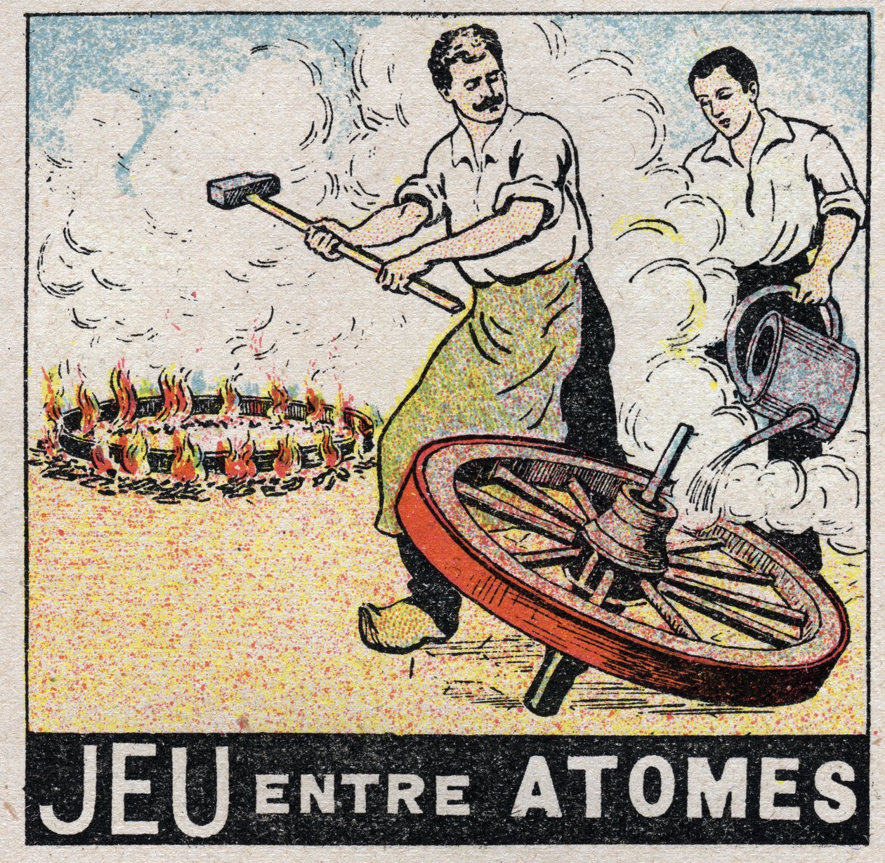 Éter (material): jogo entre átomos. Charrons a fazer uma roda. Ilustração anónima de 1925. Coleção privada. de Anonymous Anonymous