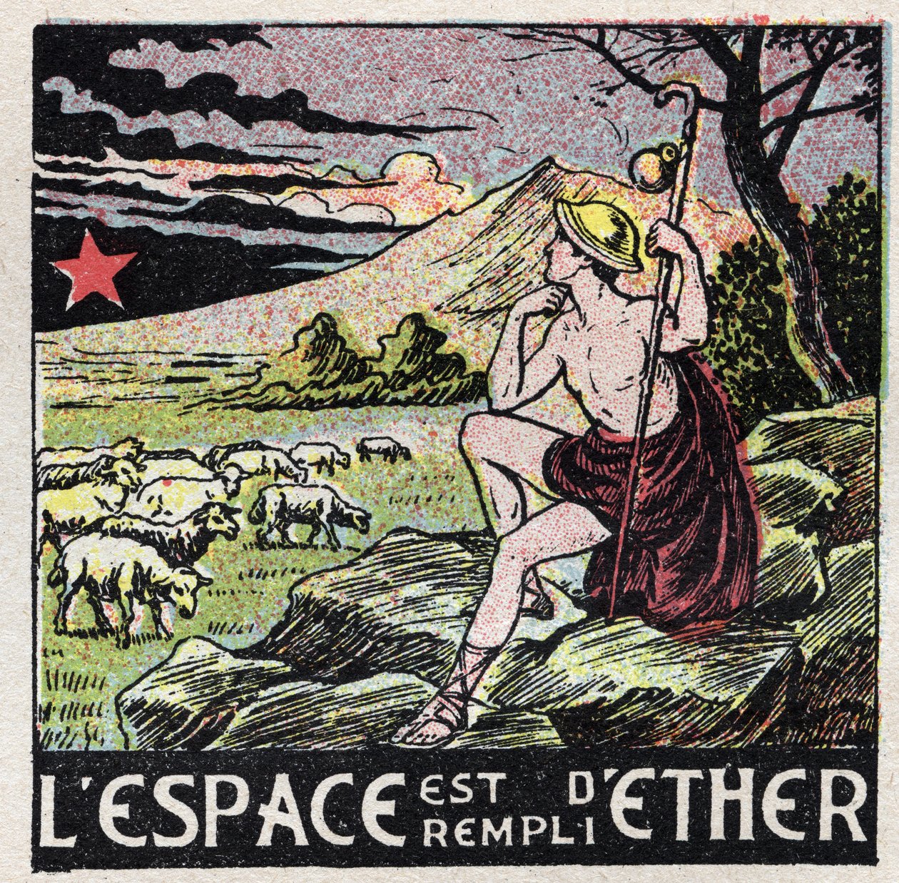 Éter (material): o espaço é preenchido com éter. Um pastor da Antiguidade a contemplar o céu. Ilustração anônima de 1925. Coleção privada. de Anonymous Anonymous
