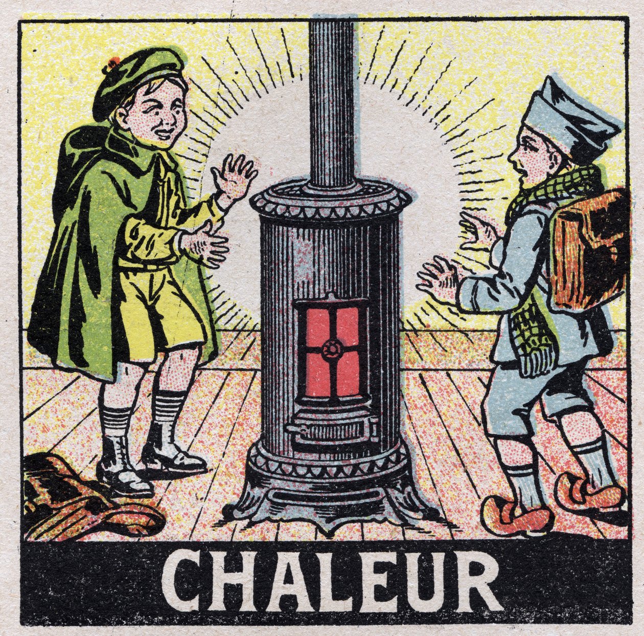 Éter (material): duas crianças aquecidas pelo calor de um fogão. Ilustração anónima de 1925. Colecção privada. de Anonymous Anonymous