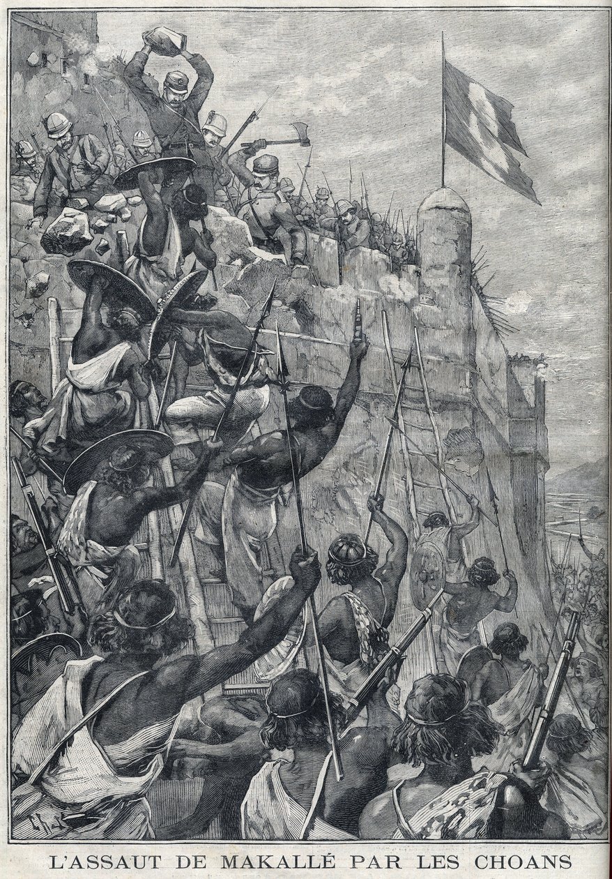 Etiópia: O ataque de Makalle pelos Choans de Menelik II contra o exército italiano. A Etiópia. Gravura em "Le Petite Parisien". de Anonymous Anonymous