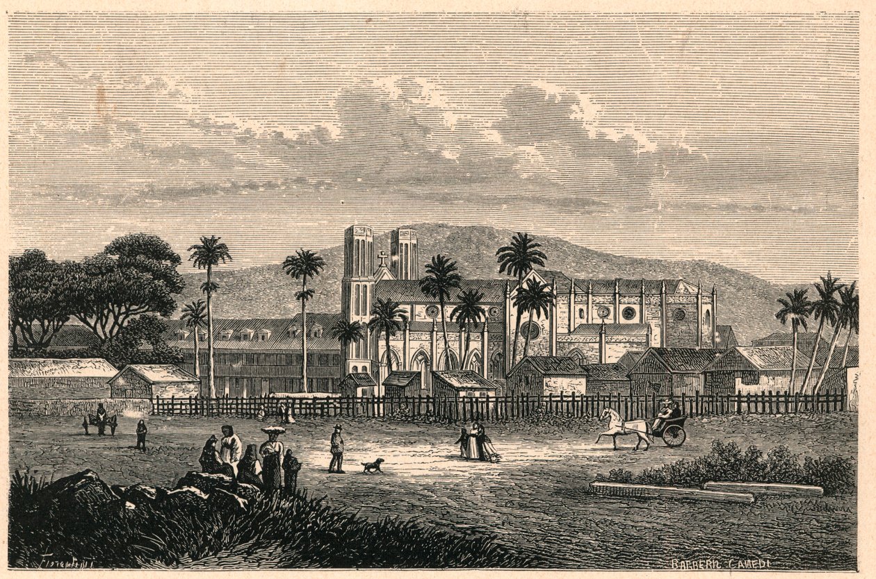 Vista exterior da Catedral do Porto de Espanha (Port of Spain) em Trinidad (Trinidad e Tobago, Trinidad e Tobago). Gravura em "Les Missions Catholiques au XIXeme Siecle" de Louis-Eugene (Louis Eugene) Louvet. coleção particular. de Anonymous Anonymous