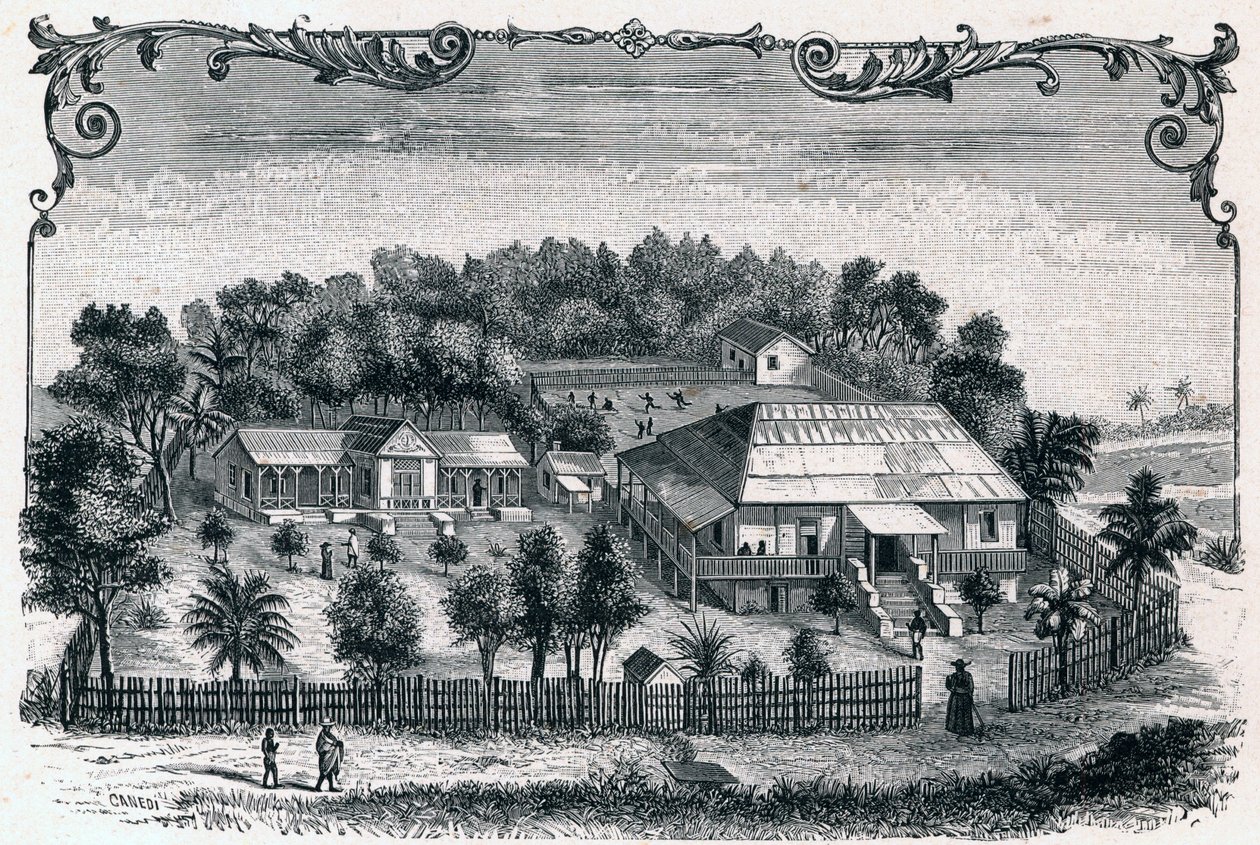 Vista exterior da reitoria e da escola de Hell Ville (Hell-Ville) (Andoany), capital da ilha de Nosy Be em Madagascar. Gravura em "Les Missions Catholiques au XIXeme Siecle" de Louis-Eugene (Louis Eugene) Louvet. coleção particular. de Anonymous Anonymous