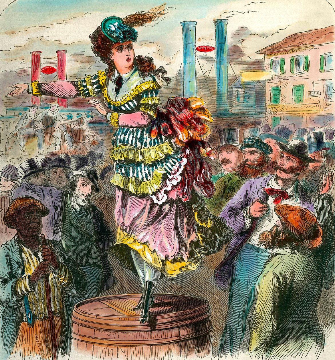 Feminismo: "Discurso pelo Empoderamento das Mulheres nos Estados Unidos" Uma jovem mulher em pé num barril reclama os direitos das mulheres. Gravura do século XIX. Coleção privada de Anonymous Anonymous