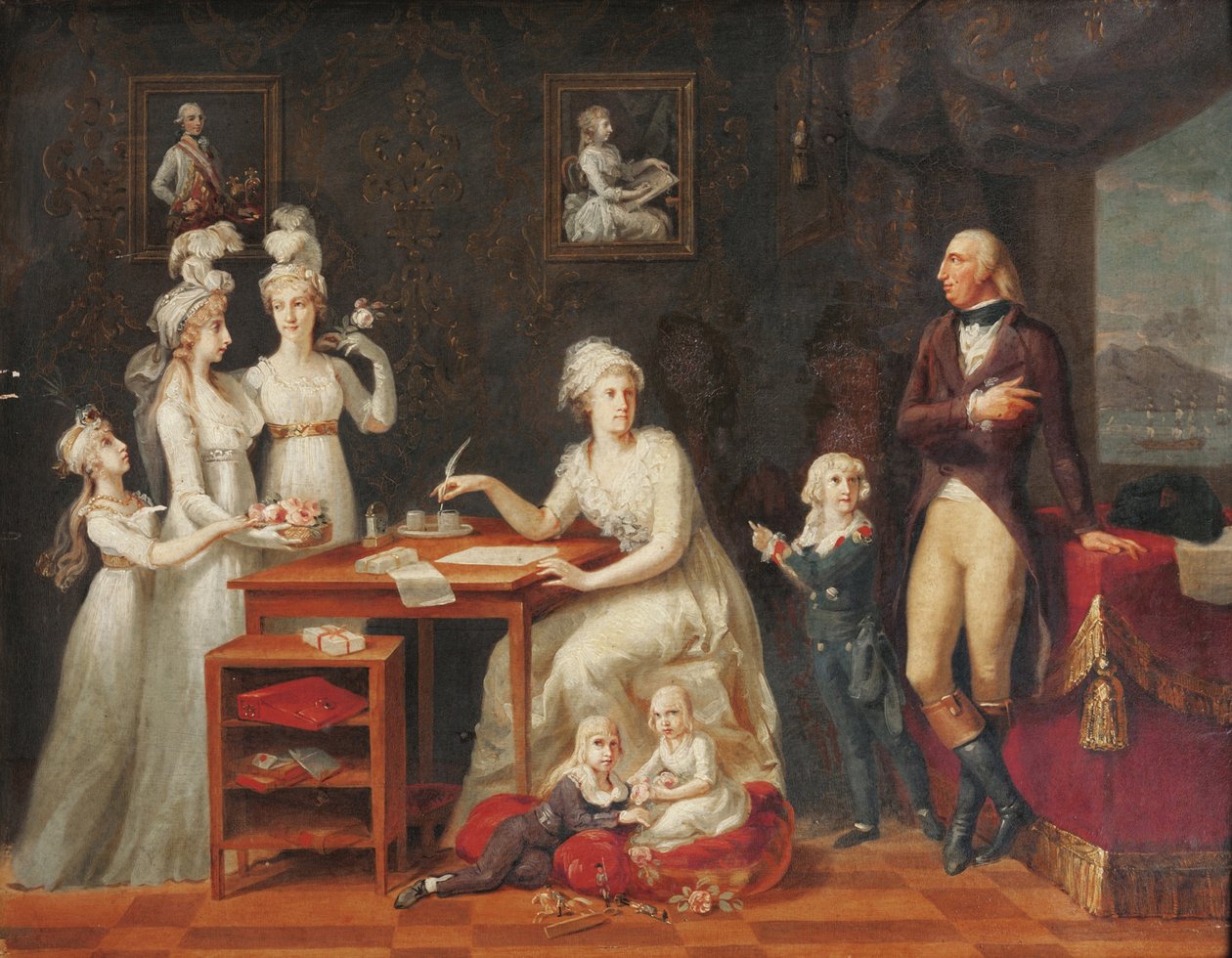 Ferdinando Ier (roi des Deux-Siciles) (1751-1825) - Rei Fernando IV de Nápoles e Sicília com sua família, Anônimo. Óleo sobre madeira, tamanho : 42x53,3, Fim do século XVIII, Colecção Privada de Anonymous Anonymous