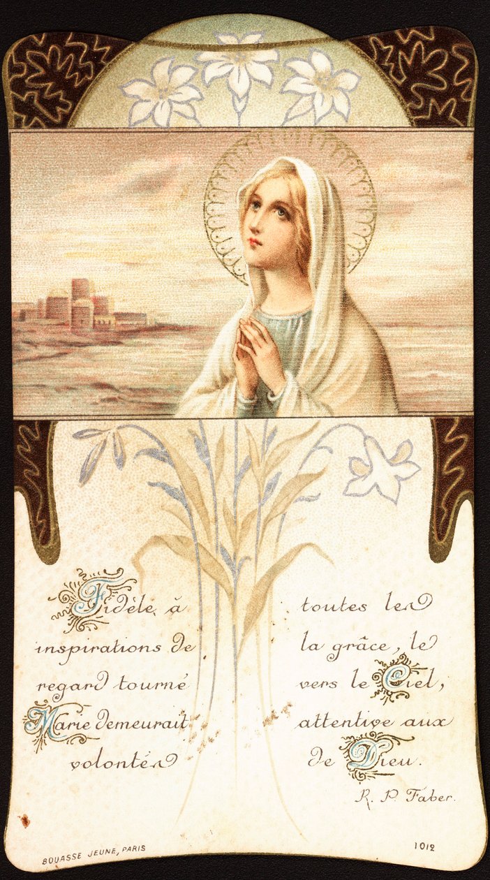 Fidele tem todas as inspirações da graça, o olhar volta-se para o céu, Maria permanece atenta aos desejos de Deus Imagem piedosa. Coleção Particular do século XX de Anonymous Anonymous