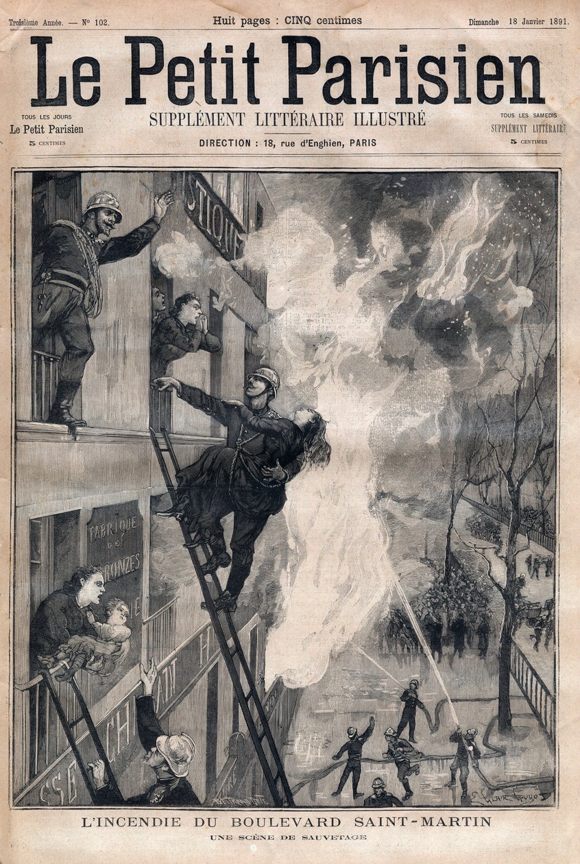 Bombeiro de Paris: cena de resgate durante o incêndio do Boulevard Saint-Martin. Gravura em "Le petit Parisien" de 1891. Colecção privada. de Anonymous Anonymous