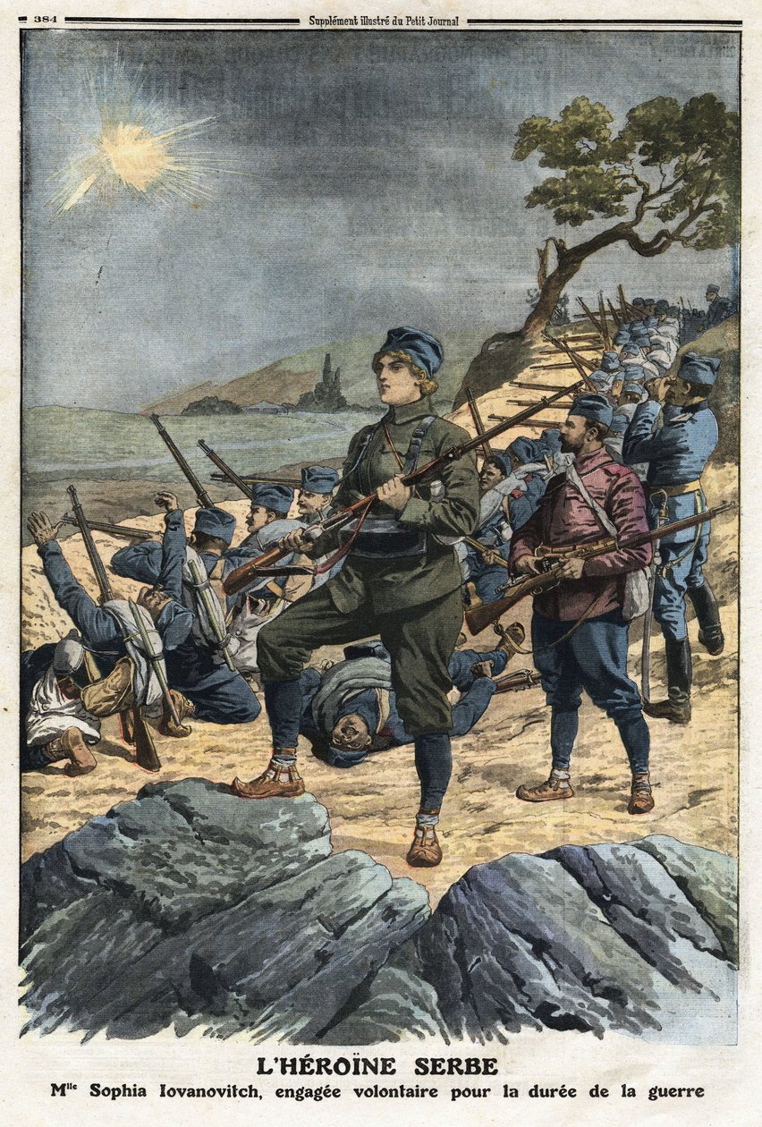 Primeira Guerra dos Balcãs: retrato de Sophia Yovanovich, uma jovem sérvia que foi voluntária contra a Turquia. Ilustração retirada do "Le Petite Journal" 01/12/1912 Coleção privada. de Anonymous Anonymous