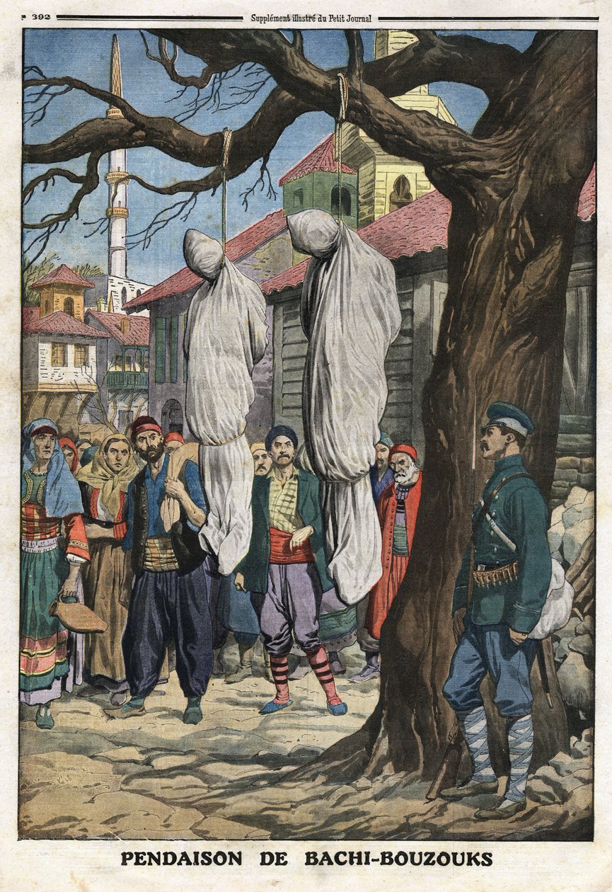 Primeira guerra dos Balcãs (Balkan): enforcamento de Bachibuzuk (Bachibuzuk, Bachi Buzuk), cavaleiros mercenários do exército otomano, ladrões e saqueadores, capturados pelo exército búlgaro na aldeia de Ketcheukeli. Ilustração retirada do "Le Petite Journ de Anonymous Anonymous