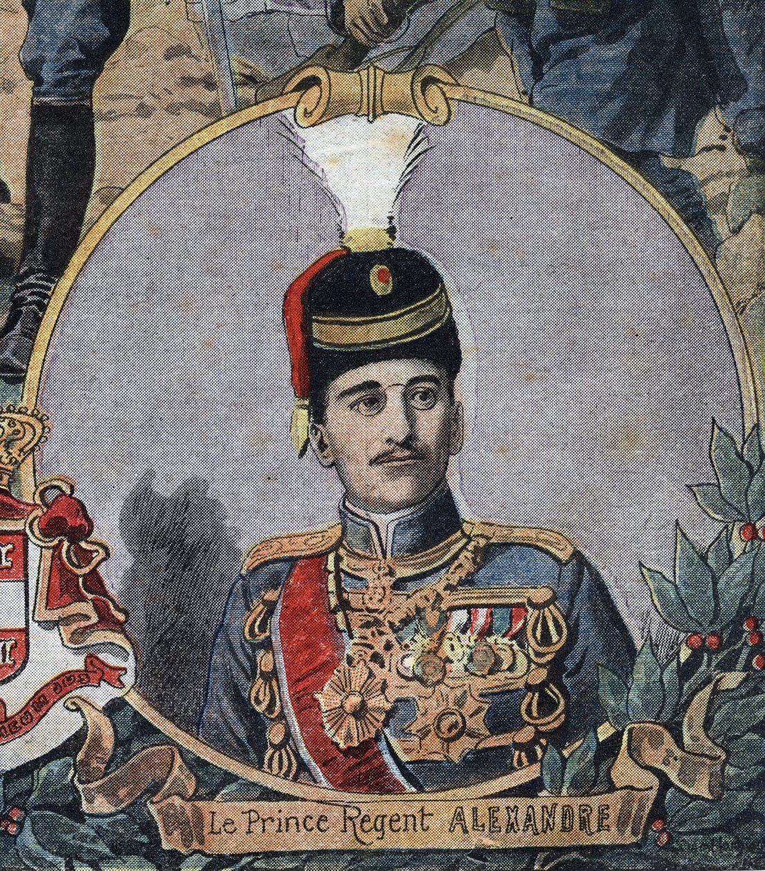 Primeira Guerra Mundial 1914-1918 (14-18): Retrato do Príncipe Regente da Sérvia Alexandre, que se tornou Rei Alexandre I da Jugoslávia ou Alexandre II da Sérvia (1888-1934). Gravura no "Le Petite Journal" (Revista Le Petite) de Anonymous Anonymous