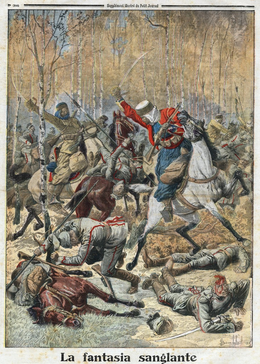Primeira Guerra Mundial 1914-1918 (14-18): "A Fantasia Sangrenta". Na floresta, uma tropa de trinta uhlans (cavaleiros alemães com uma lança) lutou por oito vitoriosos spahis argelinos. Gravura no "Le Petite Journal", em 28/11/1915. Colecção privada. de Anonymous Anonymous