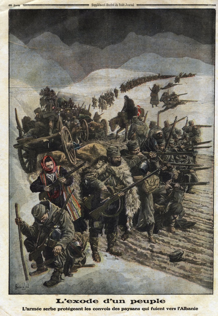 Primeira Guerra Mundial 1914-1918 (14-18): "O Êxodo de um Povo". O exército sérvio protege os comboios de camponeses que fogem da Sérvia para a Albânia. Gravação no "Le Petite Journal", em 26/12/1915. Coleção privada. de Anonymous Anonymous