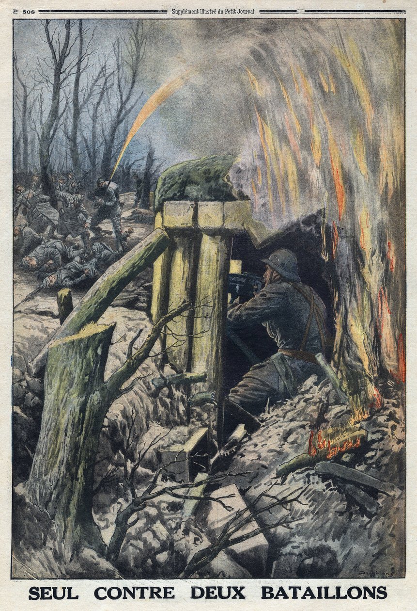 Primeira Guerra Mundial 1914-1918 (Guerra 14-18). Um oficial francês luta por conta própria contra dois batalhões do exército alemão no Bois de Caures. No "Le Petite Journal", em 14/05/1916. Coleção Privada de Anonymous Anonymous