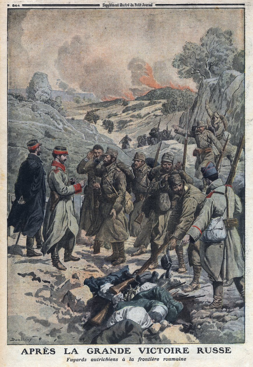Primeira Guerra Mundial 1914-1918 (Guerra 14-18). Após a grande vitória dos russos, os fugitivos do exército austríaco atiraram as suas armas para a fronteira romena. No "Le Petite Journal", em 2/07/1916. Coleção Privada de Anonymous Anonymous