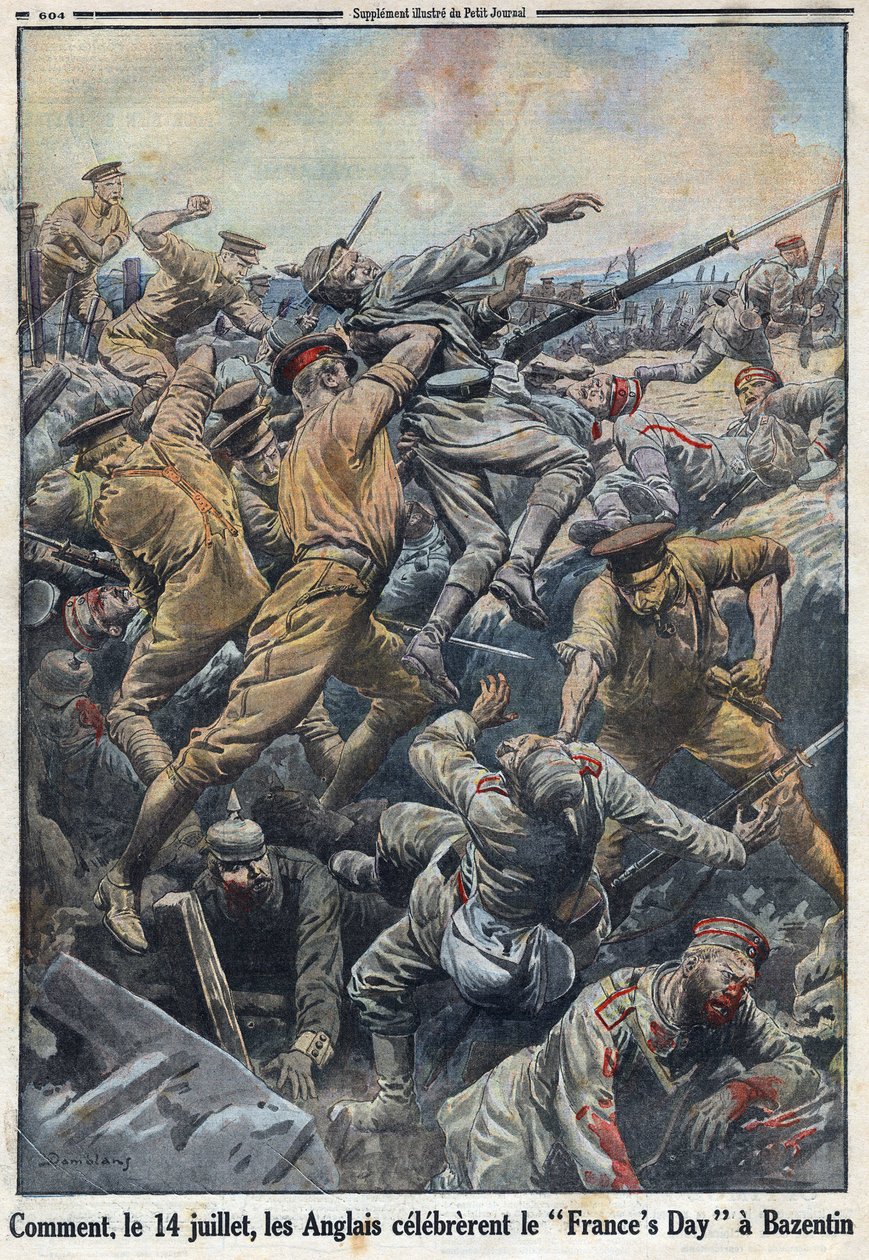 Primeira Guerra Mundial 1914-1918 (Guerra 14-18). Batalha de Creta Bazentin em 13 e 14 de julho de 1916, onde os ingleses se opuseram ao exército alemão. No "Le Petite Journal", em 6/08/1916. Coleção Privada de Anonymous Anonymous