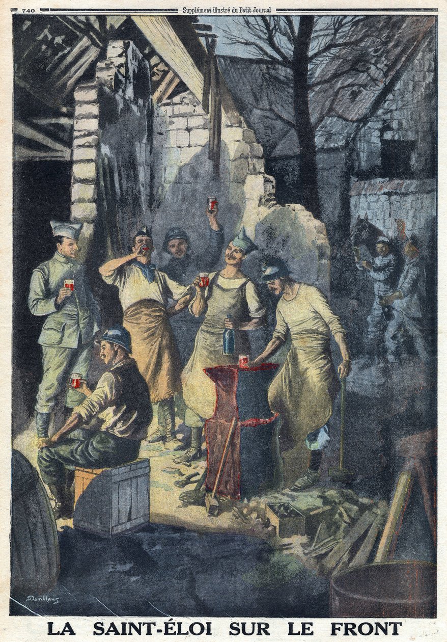 Primeira Guerra Mundial 1914-1918 (Guerra 14-18). Celebração de São Eloi (Saint-Eloi) de soldados na frente. Todos eles bebem um copo de vinho tinto para a festa. No "Le Petite Journal", em 3/12/1916. Coleção Particular de Anonymous Anonymous