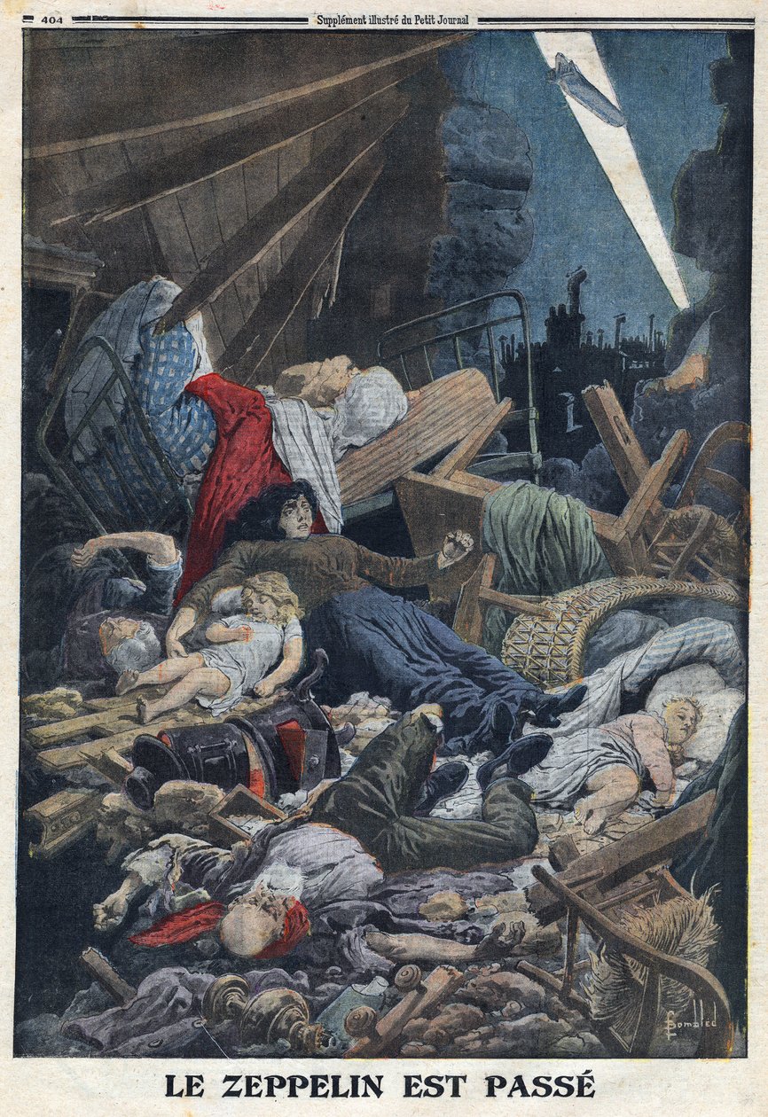 Primeira Guerra Mundial 1914-1918 (Guerra 14-18). População civil morta em sua casa pelo bombardeio de um Zeppelin da força aérea alemã. No "Le Petite Journal", em 13/02/1916. Coleção Privada de Anonymous Anonymous